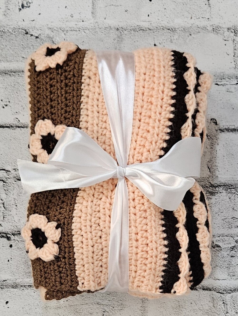 Handmade Crochet Throw Blanket Afghan Peach Brown Floral Boho 65x25